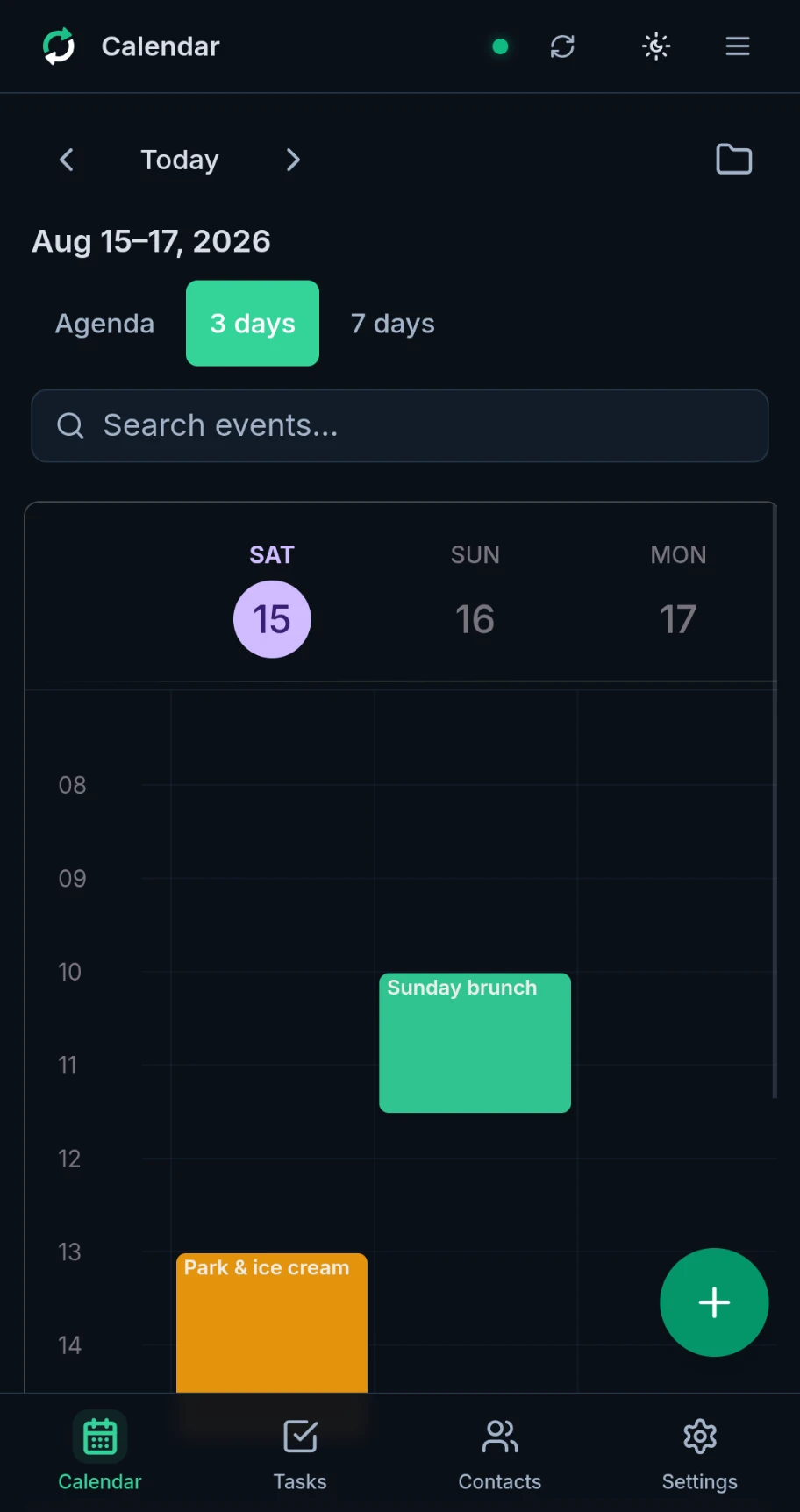 Calendar: 3-day view, dark
