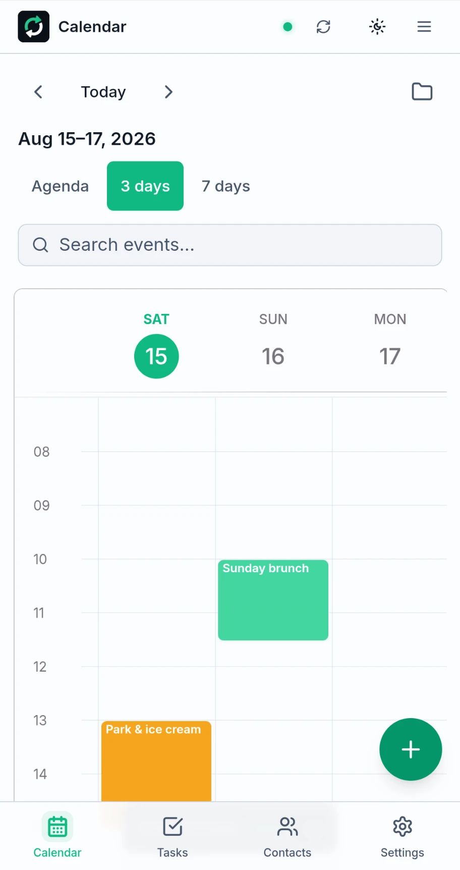 Calendar: 3-day view, light