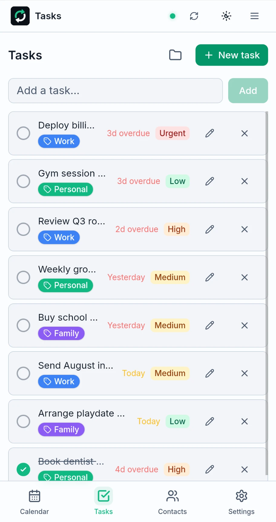 Tasks: list, light