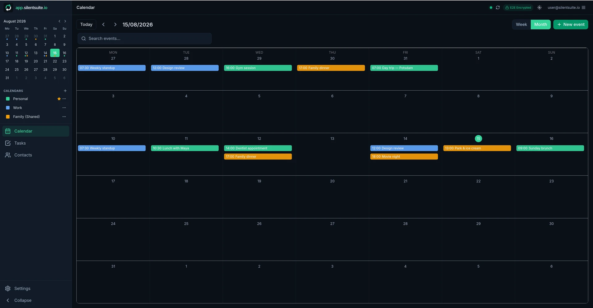 Calendar: month view, dark