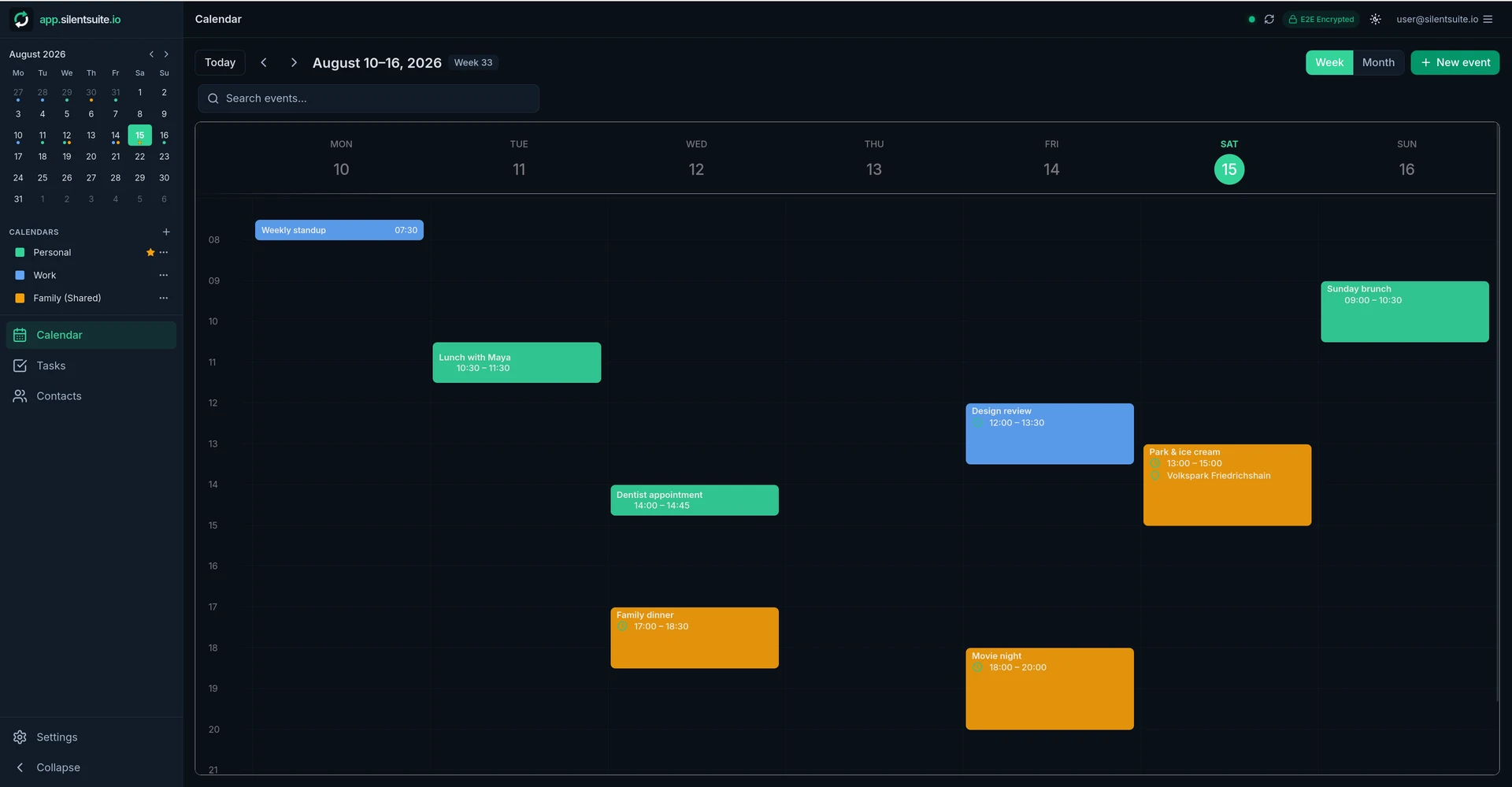 Calendar: week view, dark