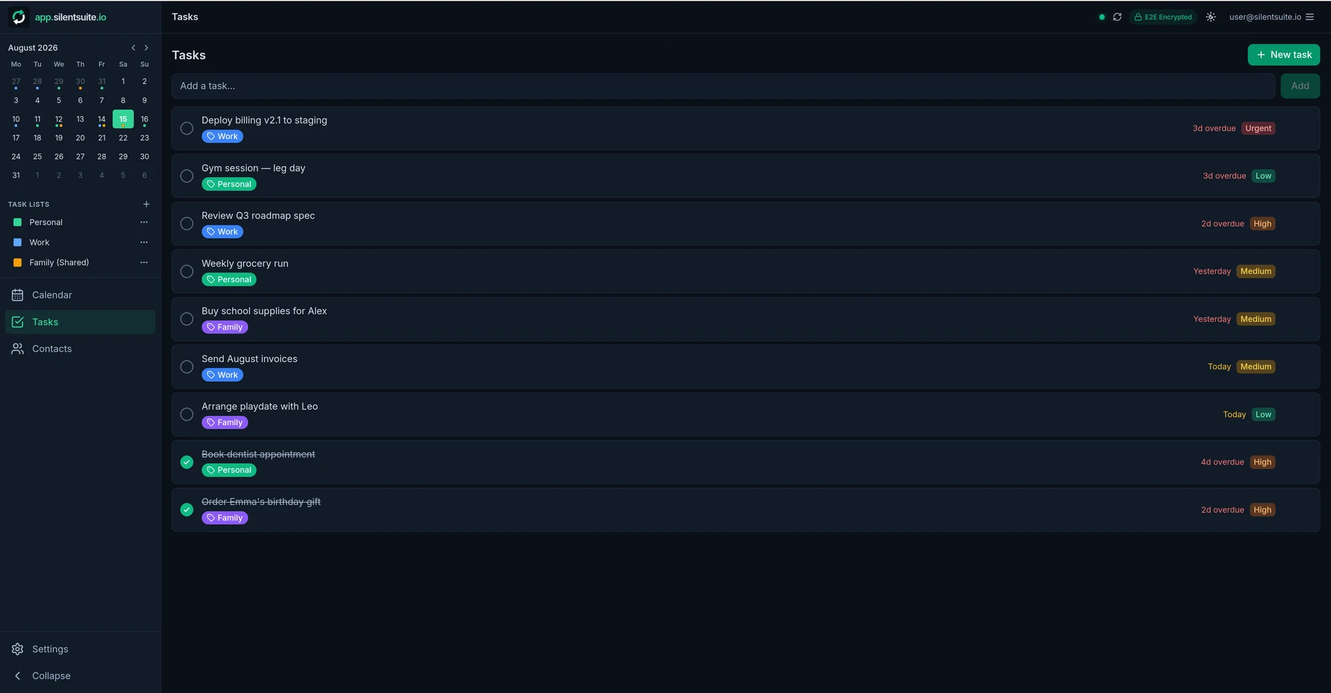 Tasks: full list, dark
