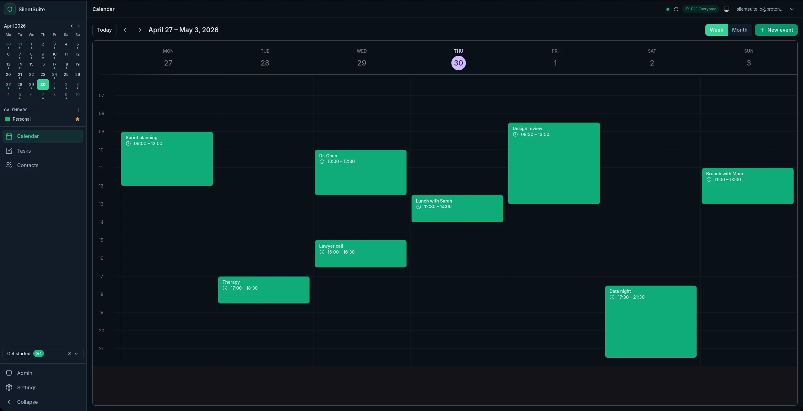 Calendar — week view, dark