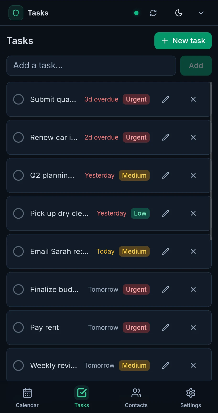 Tasks — list, dark