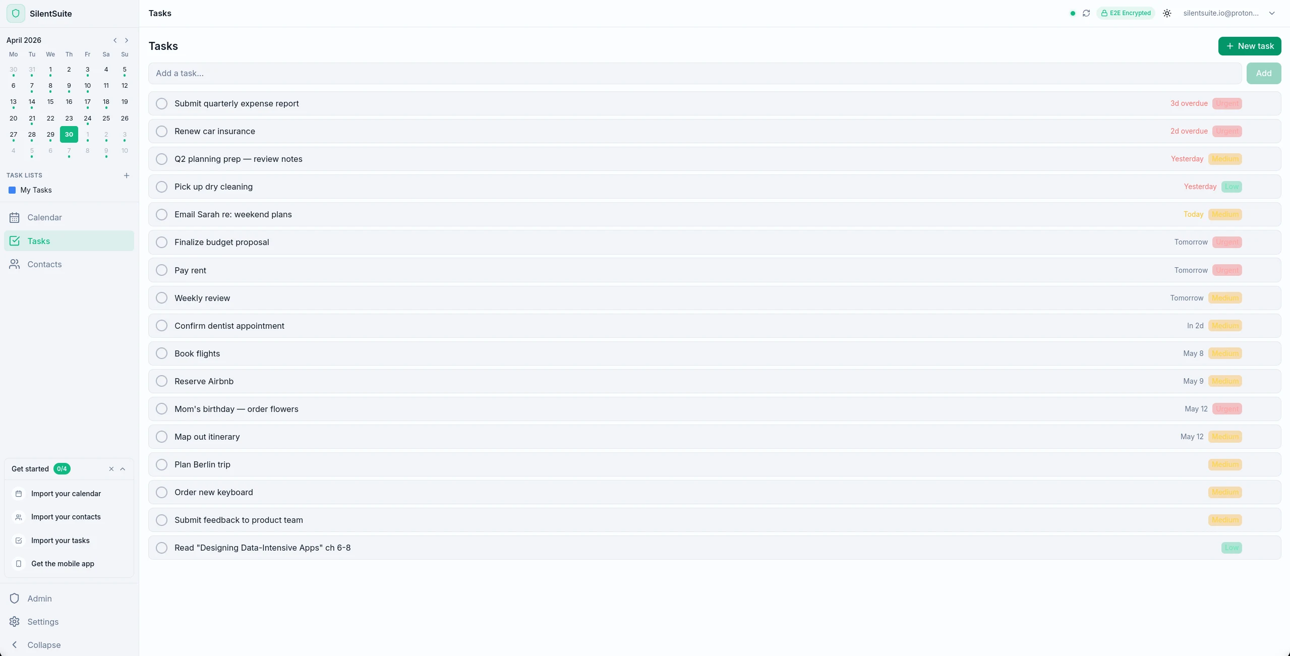 Tasks — full list, dark
